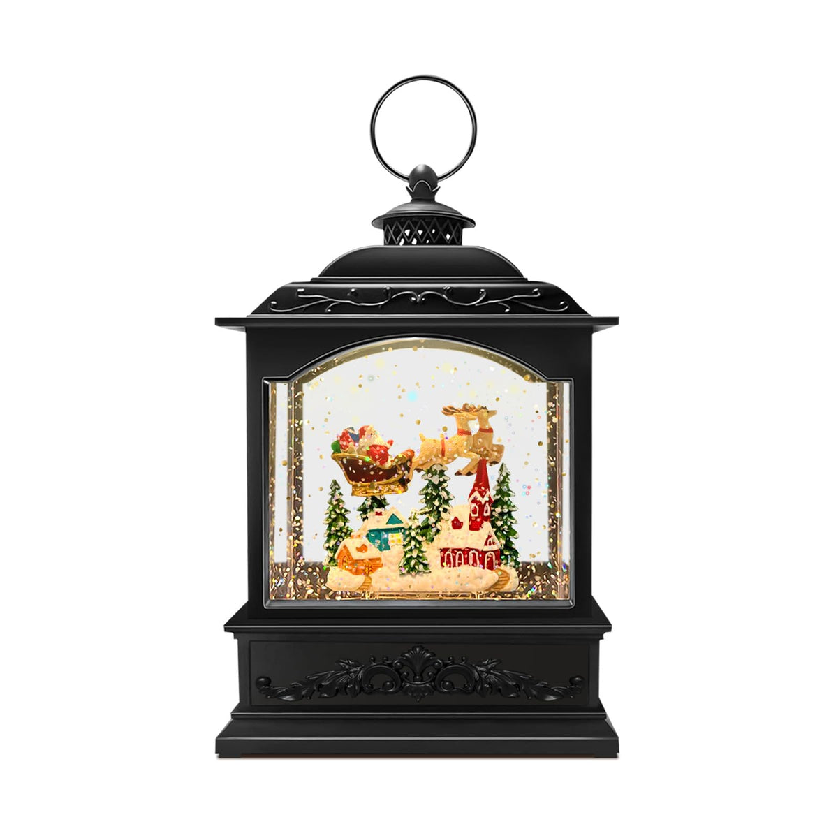 Musical Christmas Snow Globe Lantern with Flying Santa, Swirling Glitter Lighted Water Lantern, 6H Timer, USB or Battery Powered Holiday Decoration