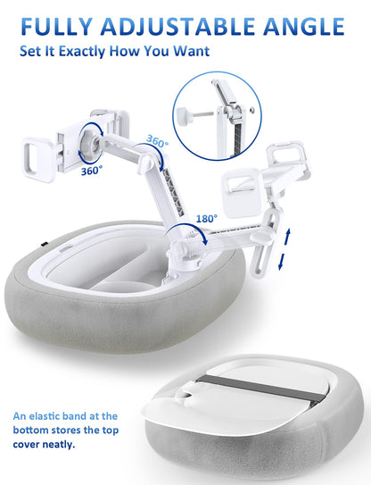 Tryone Tablet Pillow Holder & Laptop Stand : Lap Adjustable iPad Holder with Snack Bowl,Soft Plush Pillow & 360° Rotating Detachable Support Arm for 4.7-16.1 Kindle Phone Tablet Laptop (Gray)