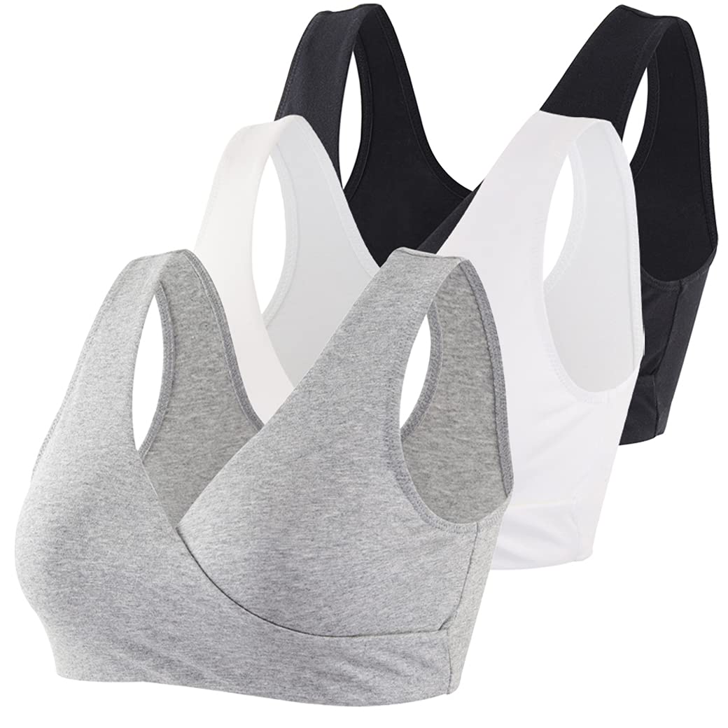COLOMI Maternity Nursing Bra Wireless Cotton Breastfeeding Bra for Sleep (Black+Grey+White/3Pack, L, l)