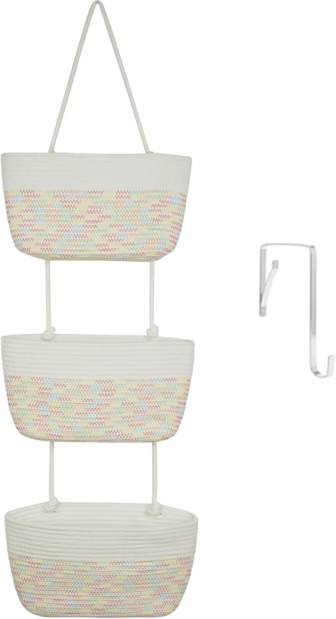 TeoKJ 3-Tier Woven Cotton Wall-Mounted Hanging Storage Baskets, Over the Door