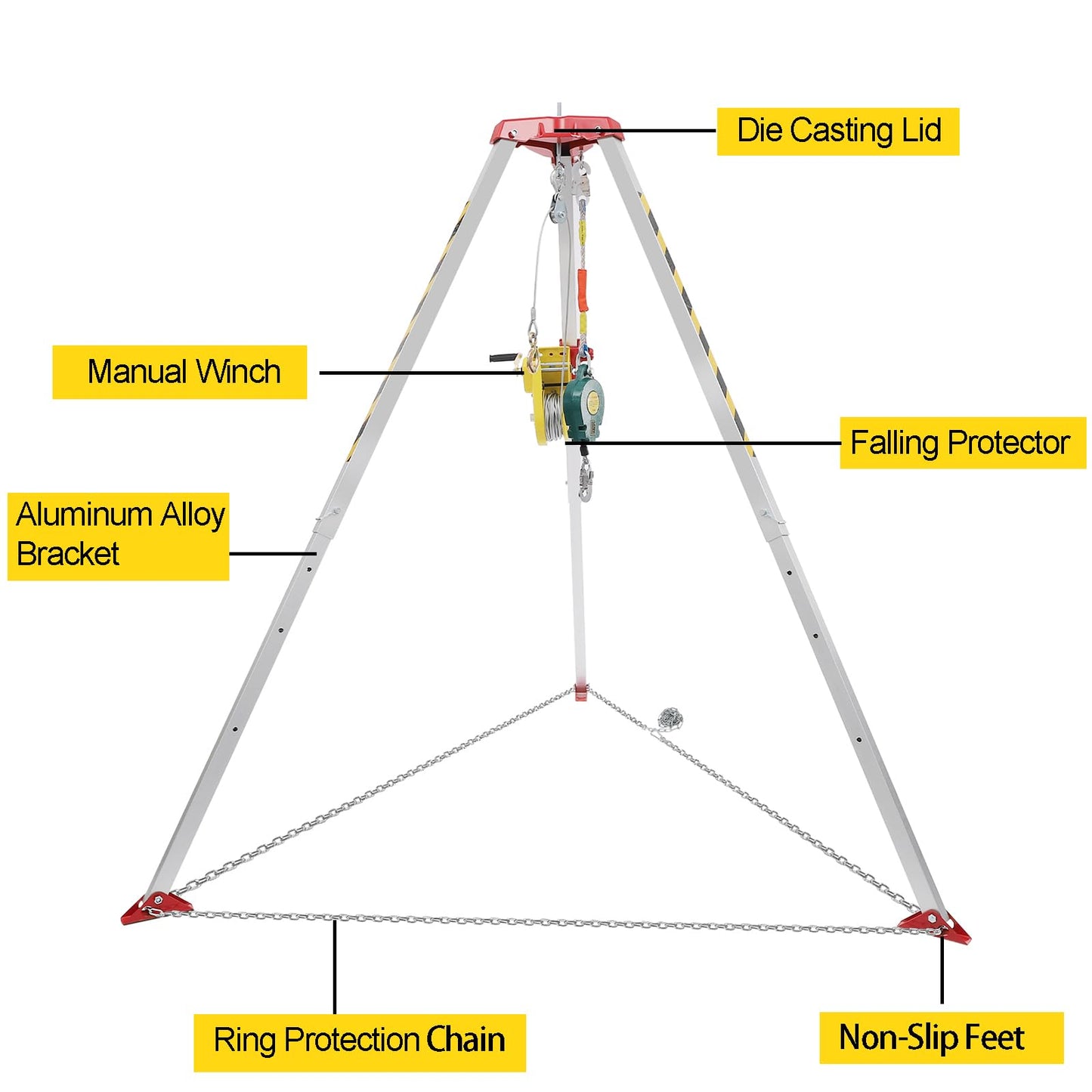 Confined Space Tripod Kit, Tripod Kit with 2600LBS Winch, Confined Space Rescue Tripod | 8.04ft Leg Bracket | 5.2-8ft Working Height | 1102.31lbs Tripod Load | 65.62ft Steel Wire Rope Length