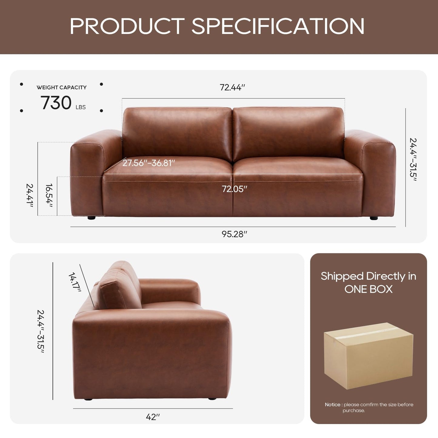 COLAMY PU Leather Sofa Couch, 95" Oversized Sofa Loveseat for Living Room, Comfy Love Seat Couch with Extra Deep Seats, Wide Arm, Down Filled 3-Seater Modern Sofa for Apartment/Lounge/Bedroom-Auburn