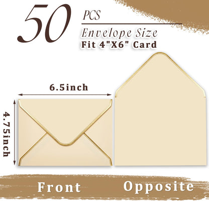 Cholemy Brown 4 x 6 Envelopes 50 Pack A6 Card Envelopes with Gold Border, 180 Gsm Self Adhesive V Flap Invitation Envelope for Wedding Bridal Shower Birthday Greeting Graduation Mailing Funeral