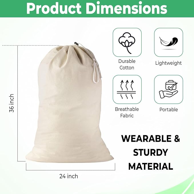4 Pack - Extra Large Cotton Laundry Bag, Heavy Duty Large Laundry Bags 24 x 36