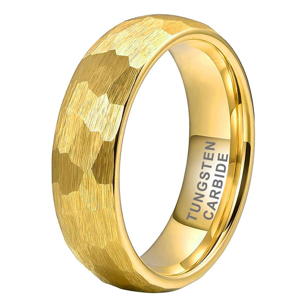 TUTISS 6mm Gold Hammered Tungsten Rings for Men Women Engagement Wedding Bands Domed Matte Finish Comfort Fit Size 7