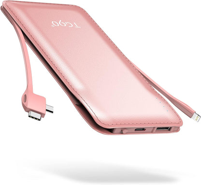 TG90° Portable Charger 10000mah Cell Phone Battery Backup, Ultra Slim Power Bank with Built in Lightning and USB-C Cable, Portable Phone Charger Battery Packs Compatible with iPhone Android Phones