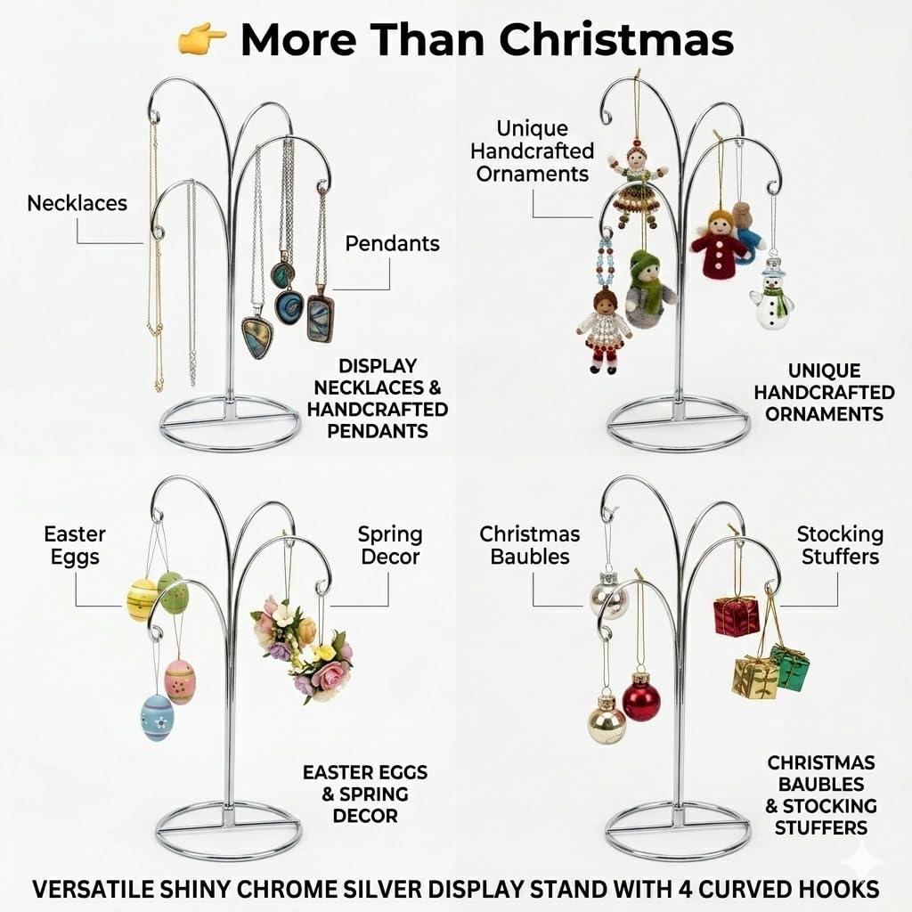 HOHIYA Ornament Display Stand 12 Inch 2 Pack 4-Arm Metal Ornament Holder for Christmas Decorations Crystal Ball Hanging Ornaments Jewelry Display Stand Chrome Silver