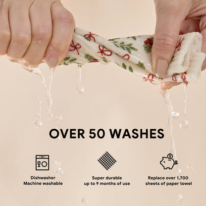 RECYCO 4 Pack Christmas Swedish Dishcloths for Kitchen | Jolly Holiday Washable Dish Towels | Cellulose Reusable Cleaning Paper Towels | Absorbent Counter Dish Cloth Sponge Kitchen Wipes, 7" x 8"