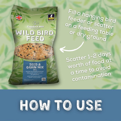 Copdock Mill Wild Bird Seed & Grain Mix 20kg Bag All Year Round High Energy Wild Bird Food 100% Natural Ingredients Including Sunflower Seeds and Peanuts