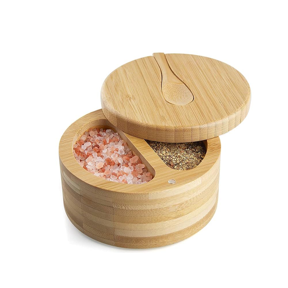 GSHLLO Bamboo Salt Container with Two Compartments Pepper Box with Swivel Lid Spoon Sea Salt Cellar Bowl Spice Holder Canisters Kitchen Seasoning Storage Jar for All Kinds of Spices