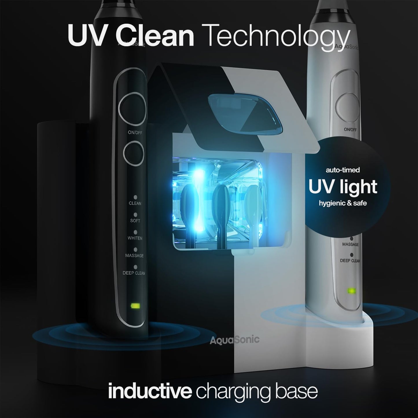 Aquasonic Duo PRO Ultra Whitening 40,000 VPM Electric Smart ToothBrushes ADA Accepted - 4 Modes with Smart Timers - UV Sanitizing & Wireless Charging Base - 10 Proflex Brush Heads & 2 Travel Cases