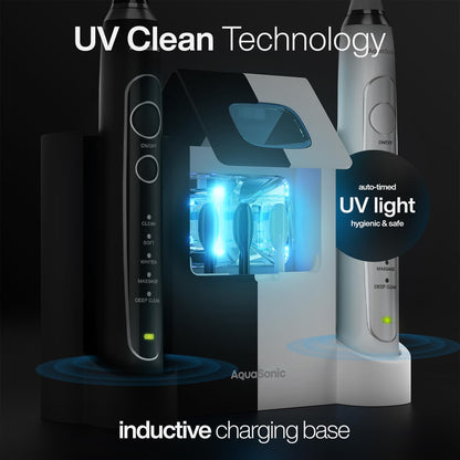 Aquasonic Duo PRO Ultra Whitening 40,000 VPM Electric Smart ToothBrushes ADA Accepted - 4 Modes with Smart Timers - UV Sanitizing & Wireless Charging Base - 10 Proflex Brush Heads & 2 Travel Cases
