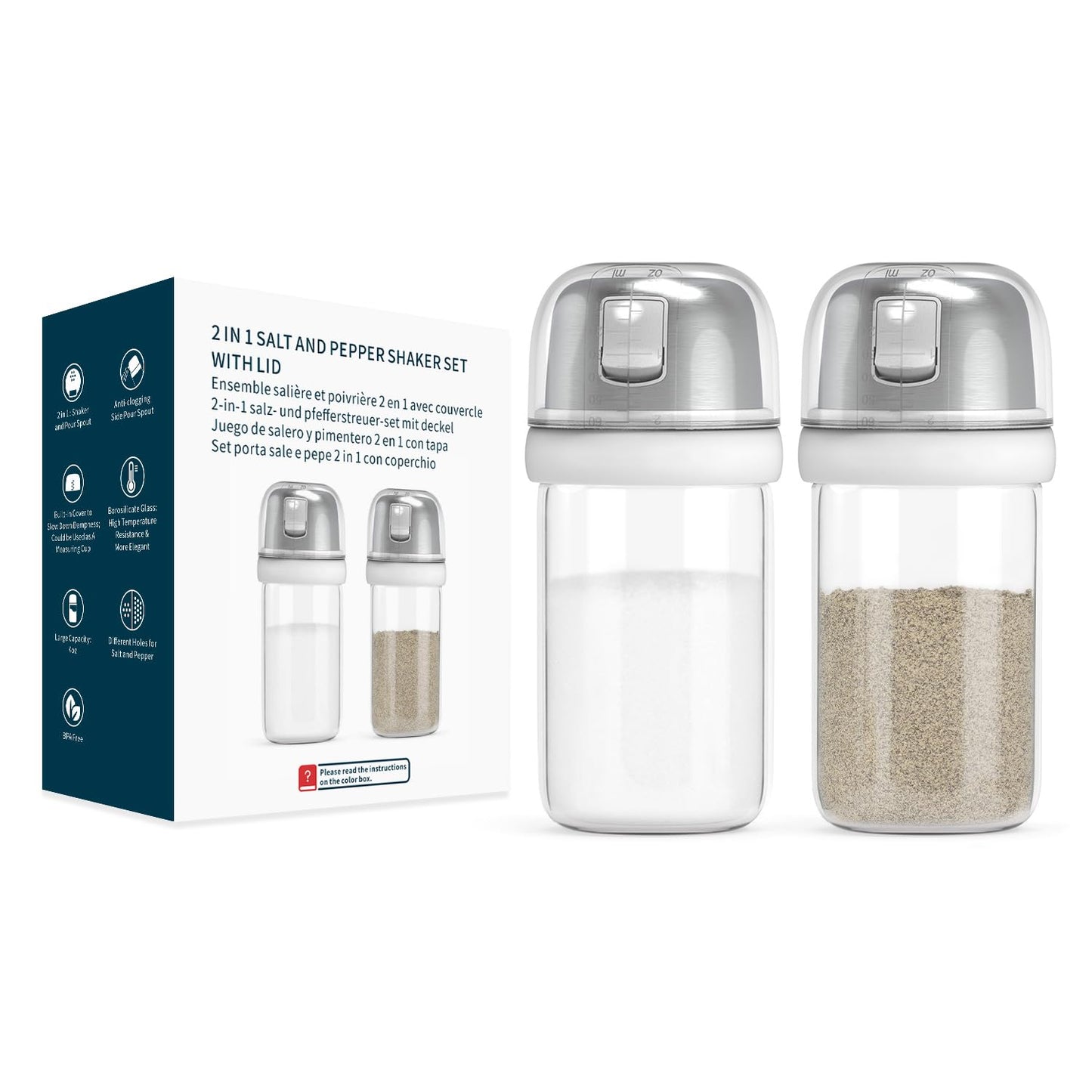 KTCHENDAO 2 in 1 Glass Salt and Pepper Shaker with Side Pour Spout, Built-in Lid for Moisture-proof, Elegant Borosilicate Glass Salt Pepper Dispenser set for Kitchen, BPA Free, 4oz (White)