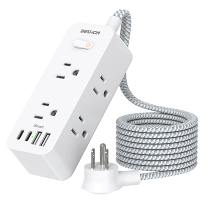 Power Strip Surge Protector, BESHON 5Ft Extension Cord, 6 Outlets with 4 USB Ports (2 USB C Outlet), 3-Side Outlet Extender, Wall Mount, Compact for Travel, Home, School, College Dorm Room and Office