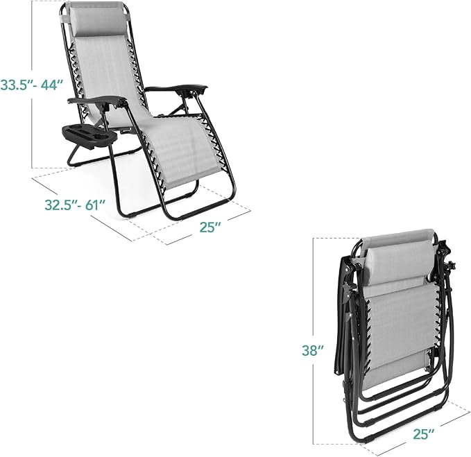 Best Choice Products Set of 2 Adjustable Steel Mesh Zero Gravity Lounge Chair Recliners w/Pillows and Cup Holder Trays - Ice Gray