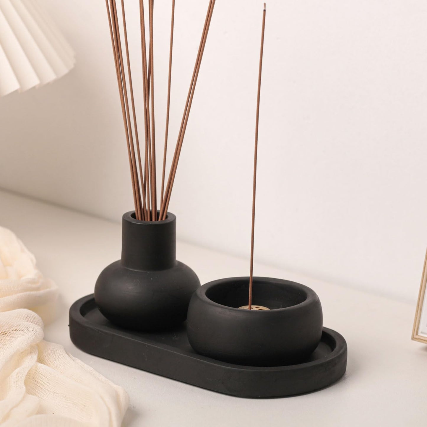 Concrete Incense Burner Set with Holder and Tray,Multifunction Incense Holder for Burning Sage,Palo Santo,Incense Sticks,Ideal for Meditation Home Decor(Black)