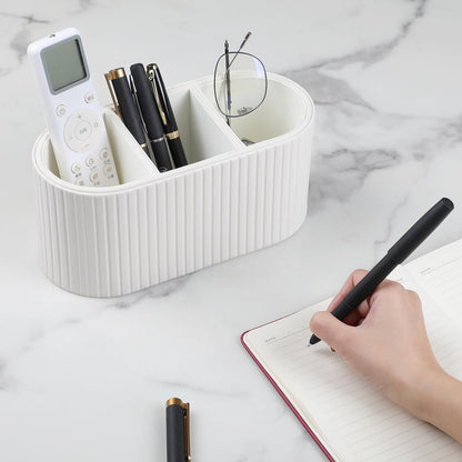 MEIBOOCH Oval Pen Holder for Desk, Remote Control Holder with 3 Compartments, PU Leather Small Desk Organizer Remote Caddy, Aesthetic Pencil Holder Desk Accessories for Home Office (Ivory)