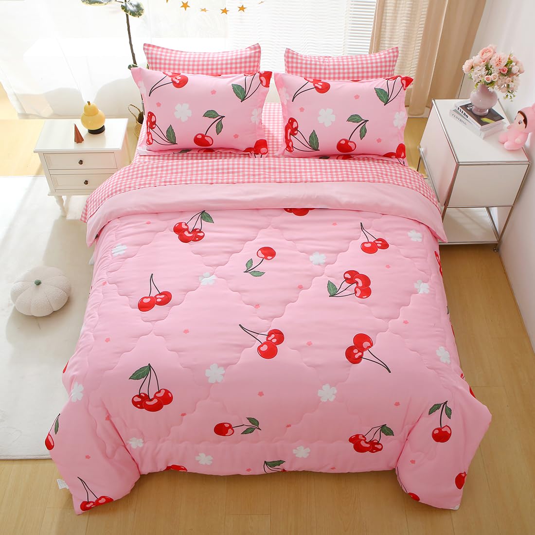 Gusuhome Girls Cherry Comforter Bedding Set Twin Size 7 Piece Pink Oriental Cherry Comforter Set Bed in A Bag for Kids Teens All Season (Comforter,Flat Sheet,Fitted Sheet and Pillow Sham)