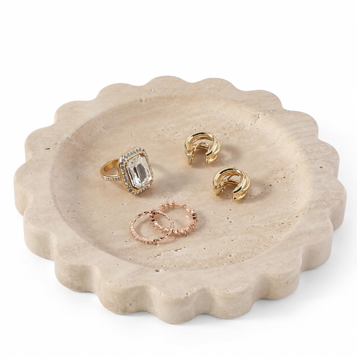 Koville 5.51" Travertine Tray, Natural Stone Trinket Dish for Ring Perfume, Round Scalloped Decorative Tray for Bathroom Vanity Dresser Countertop, Home Table Decor