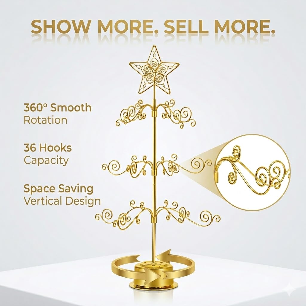 HOHIYA 24” Rotating Ornament Display Tree Stand 36 Hooks Metal Tabletop Display Rack for Christmas Ornaments Halloween Decor Craft Show Display Heavy Duty Brass Gold