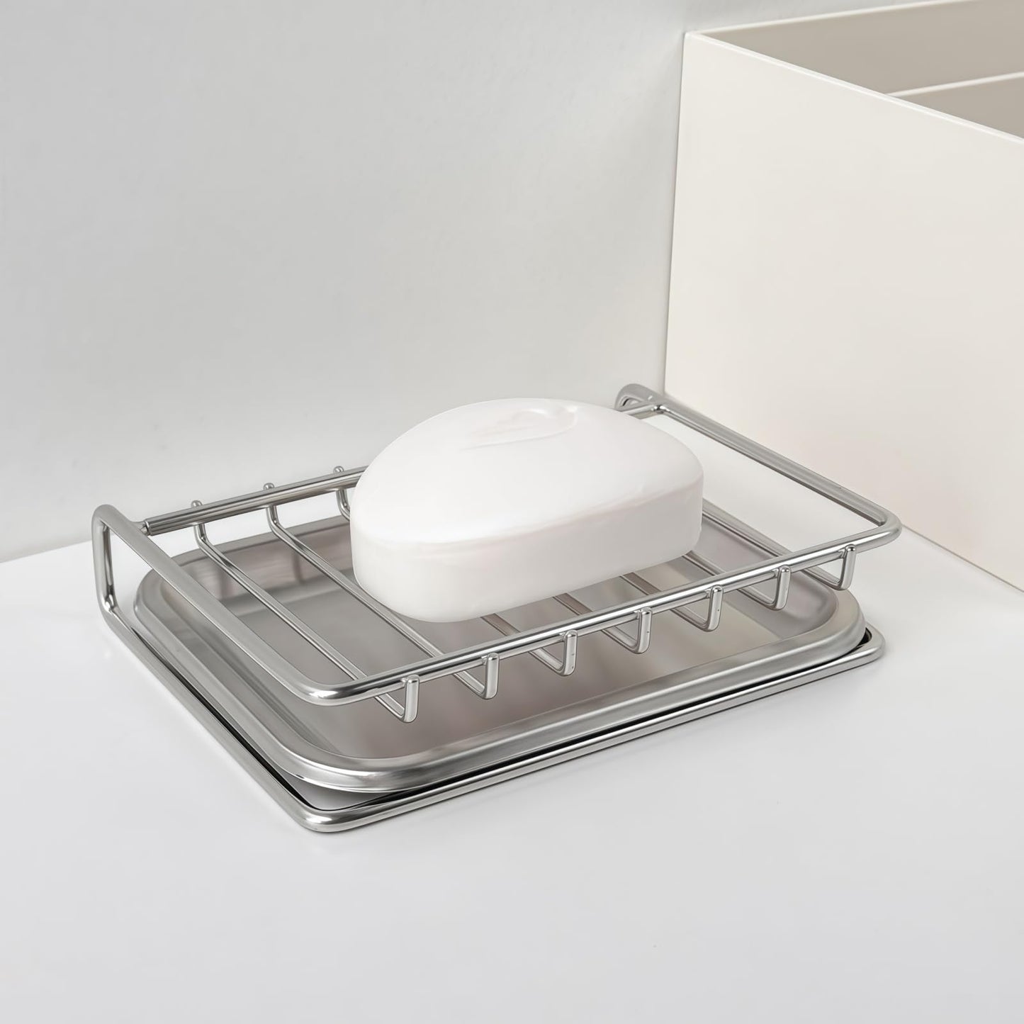 Double-Layer Stainless Steel Soap Dish with Self-Drainage Design, Anti-Slip and Raised Guardrail – Suitable for Bathroom, Bathtub, and Kitchen Sink (Soap Not Included, Soap Rack + Draining Tray)
