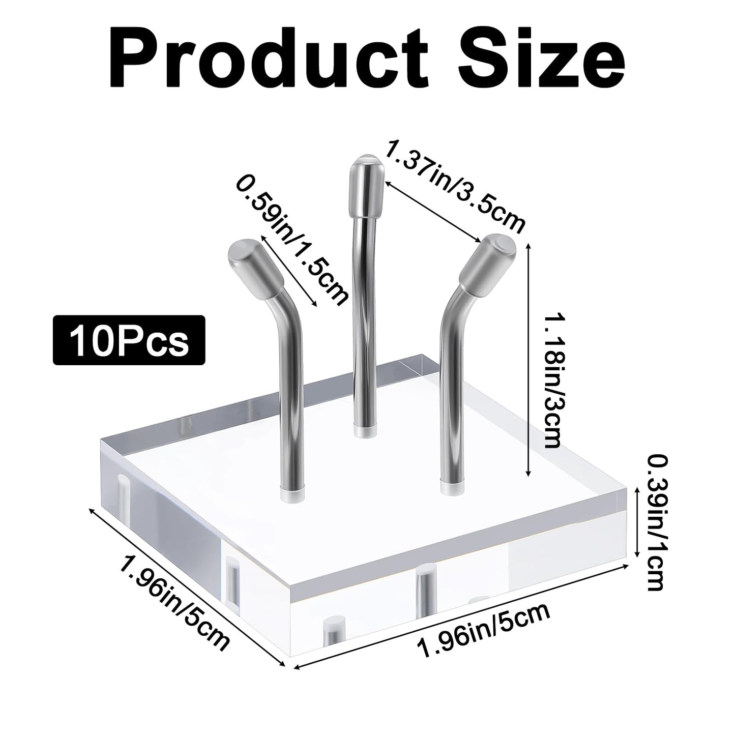 Oqqlin 10 Pcs 3 Metal Peg Rock Display, Crystal Display Stand with Clear Acrylic Base Metal Pegs Fossil Stand Easel for Rocks, Crystal, Mineral, Geodes, Decorative Balls (2 x 2 Inch)