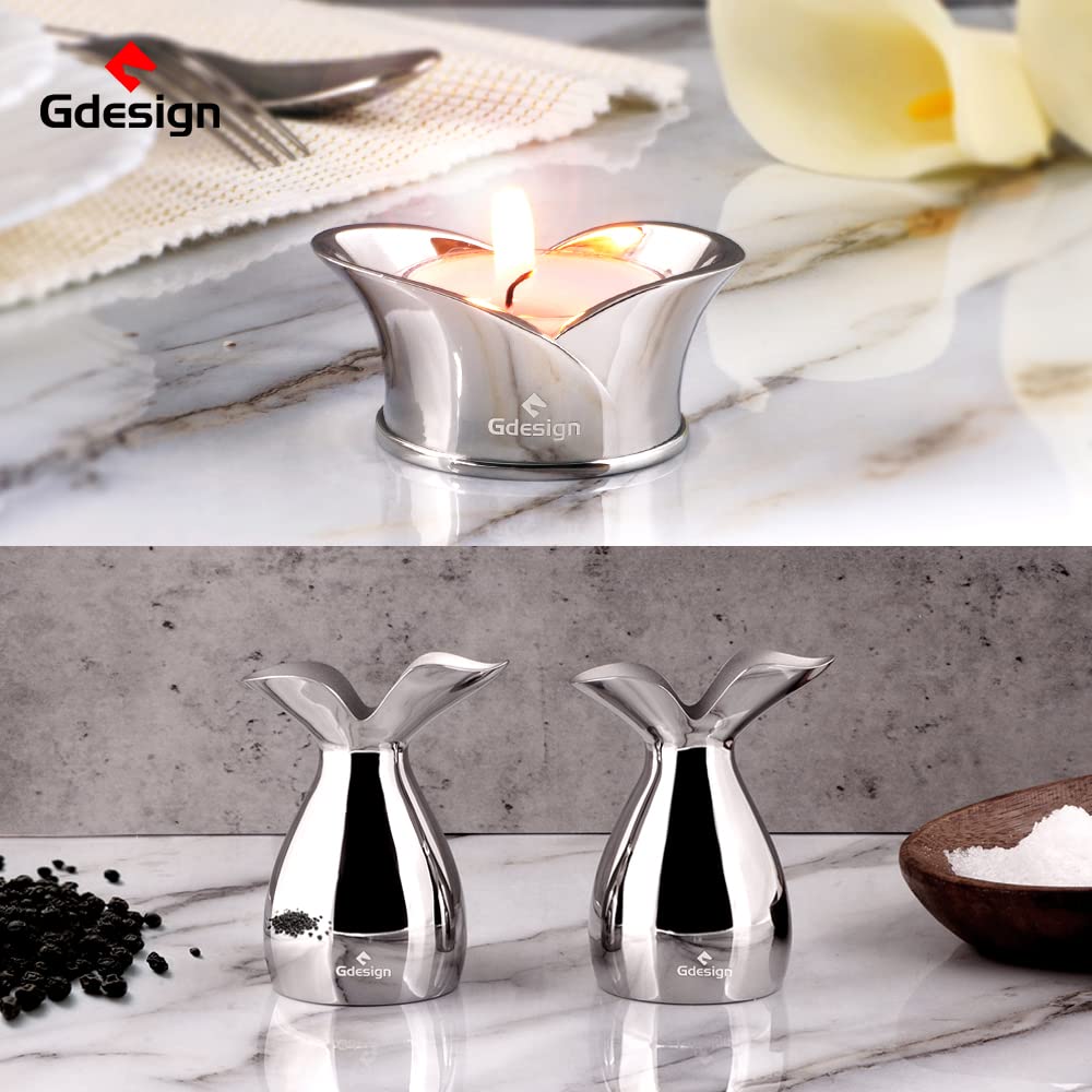 Gdesign Stainless Steel Home Decor Accessory Set, Flatware Table Set with Small Vase, Dessert Fork and Holder, Napkin Ring, Salt and Pepper Shaker, Tealight Candle Holder, Gift for Wedding, Birthday