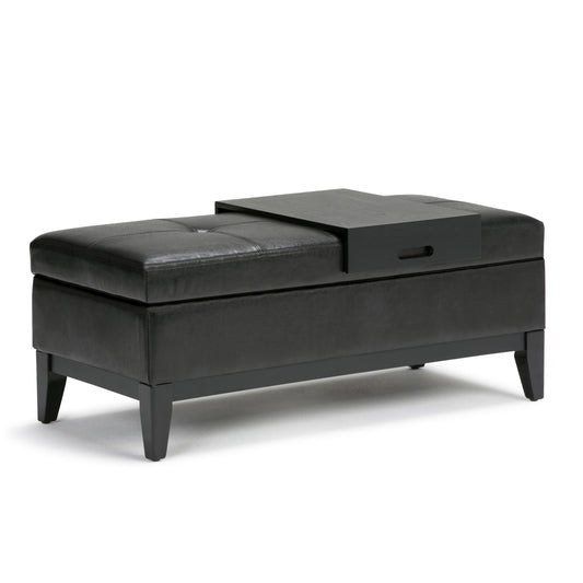 SIMPLIHOME Oregon Storage Ottoman Bench with Tray - 42 inch Wide Upholstered Vegan Leather Rectangle Ottoman Bench in Midnight Black, Transitional Tufted Ottoman for Living Room with Lift-Up Lid