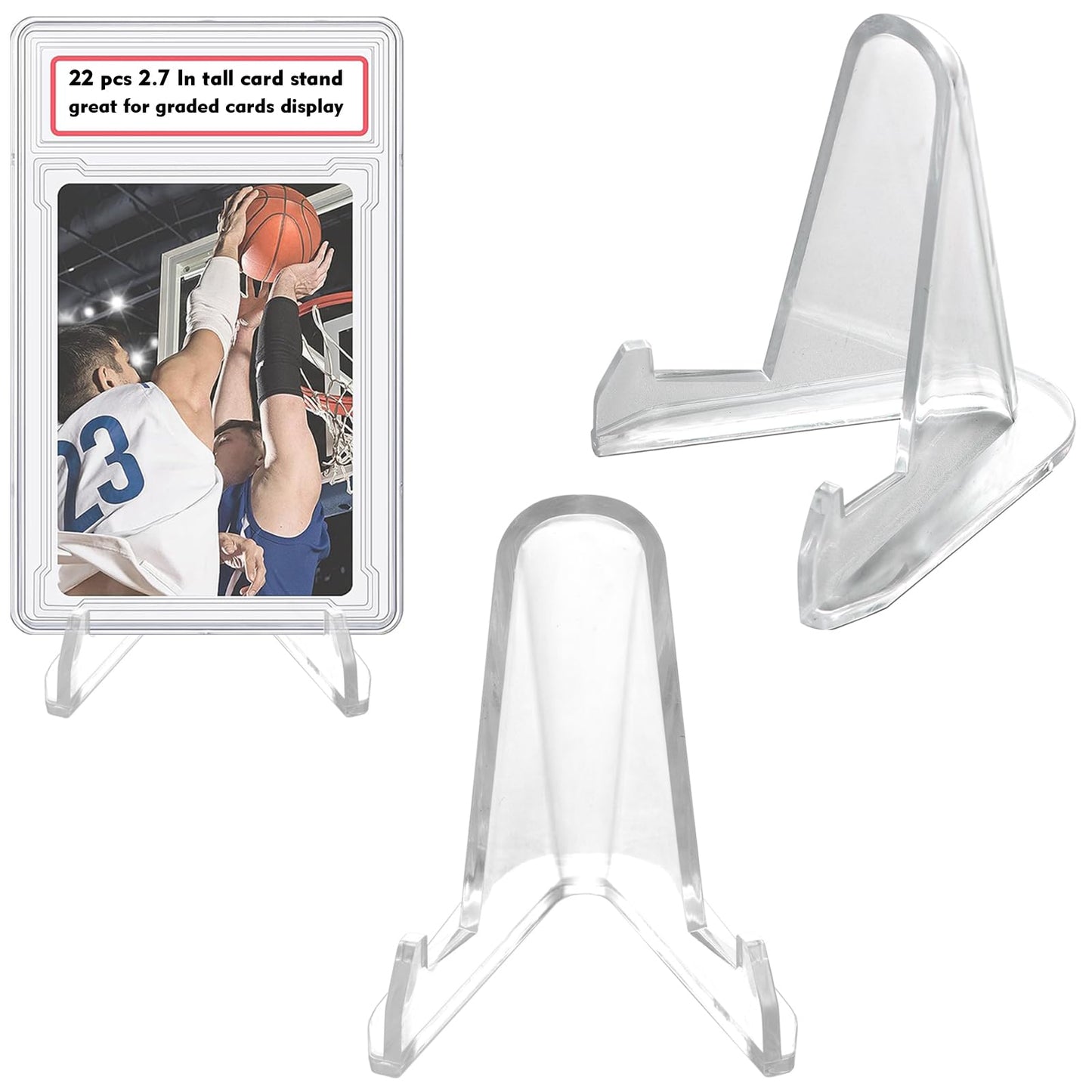 LRANFOW Thickened Acrylic Card Stands Mini Easel Holder, Sports Card Stands, Trading Graded Card Stand for Displaying Pocket Graded Card Challenge Medals Casino Chips, 22 Pack 2.7 Inch Tall Clear