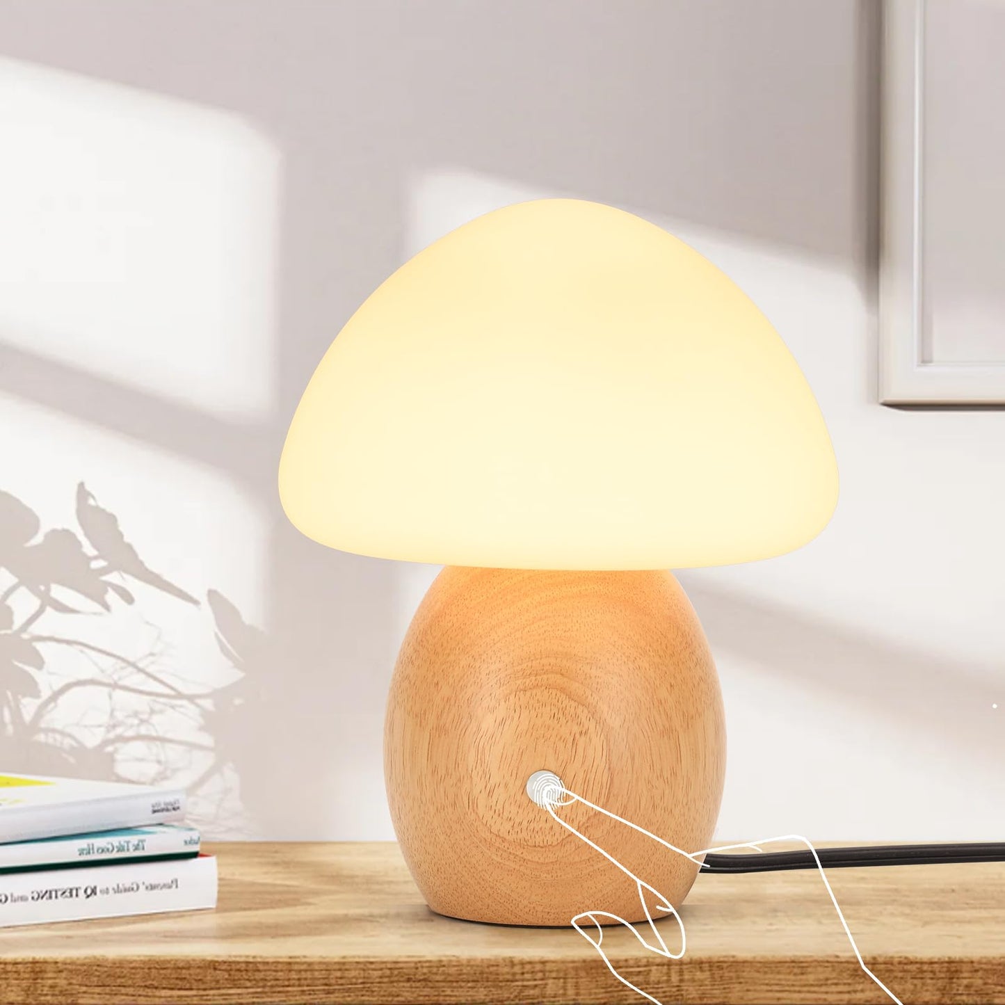 BNYFDC Mushroom Lamp with Touch Control Switch, Small Wooden Table Lamp with Glass Shade, 3 Way Dimmable Nightstand Lamp for Bedroom, G9 LED Bulb Included (Nature Wood&Opal White Glass Shade)
