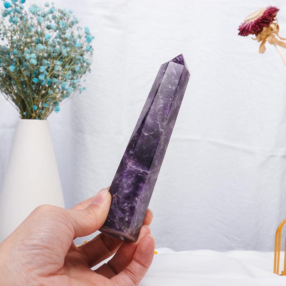 Apengshi Amethyst Large Crystal Tower Natural Dream 5.9"-6.3" 6 Faceted Single Point Chakra Healing Crystal Wand Energy Meditation Stone Home Decor Collection Gift