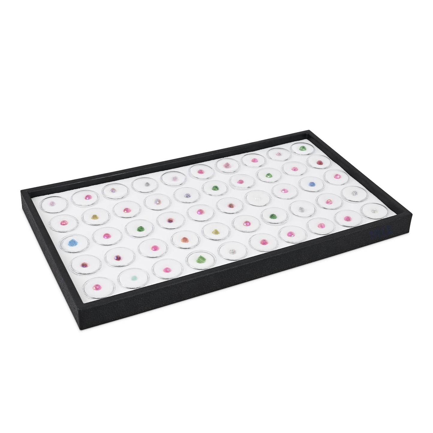 Ikee Design White Foam Gem Jars Showcase Stackable Display Tray for Collectibles, Home Organization Storage Box with 50 Gemstones and Bead Storage Jars, White Foam/Black Tray
