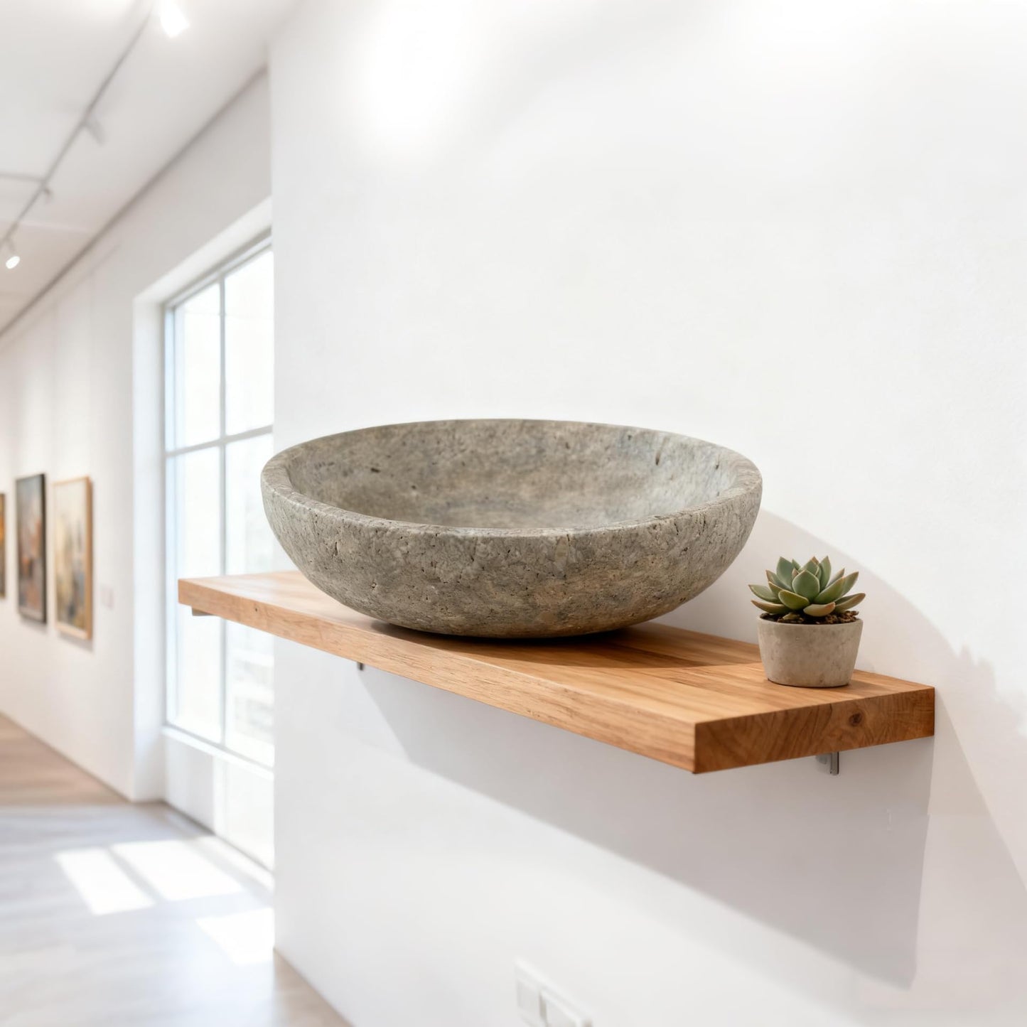 Silver Gray Travertine Bowl, 7.8" Modern Natural Stone Centerpiece for Industrial Home Decor, Handmade Fruit Bowl, Futuristic Tabletop Sculpture,Kitchen Counter, Entryway & Office Desk Organizer