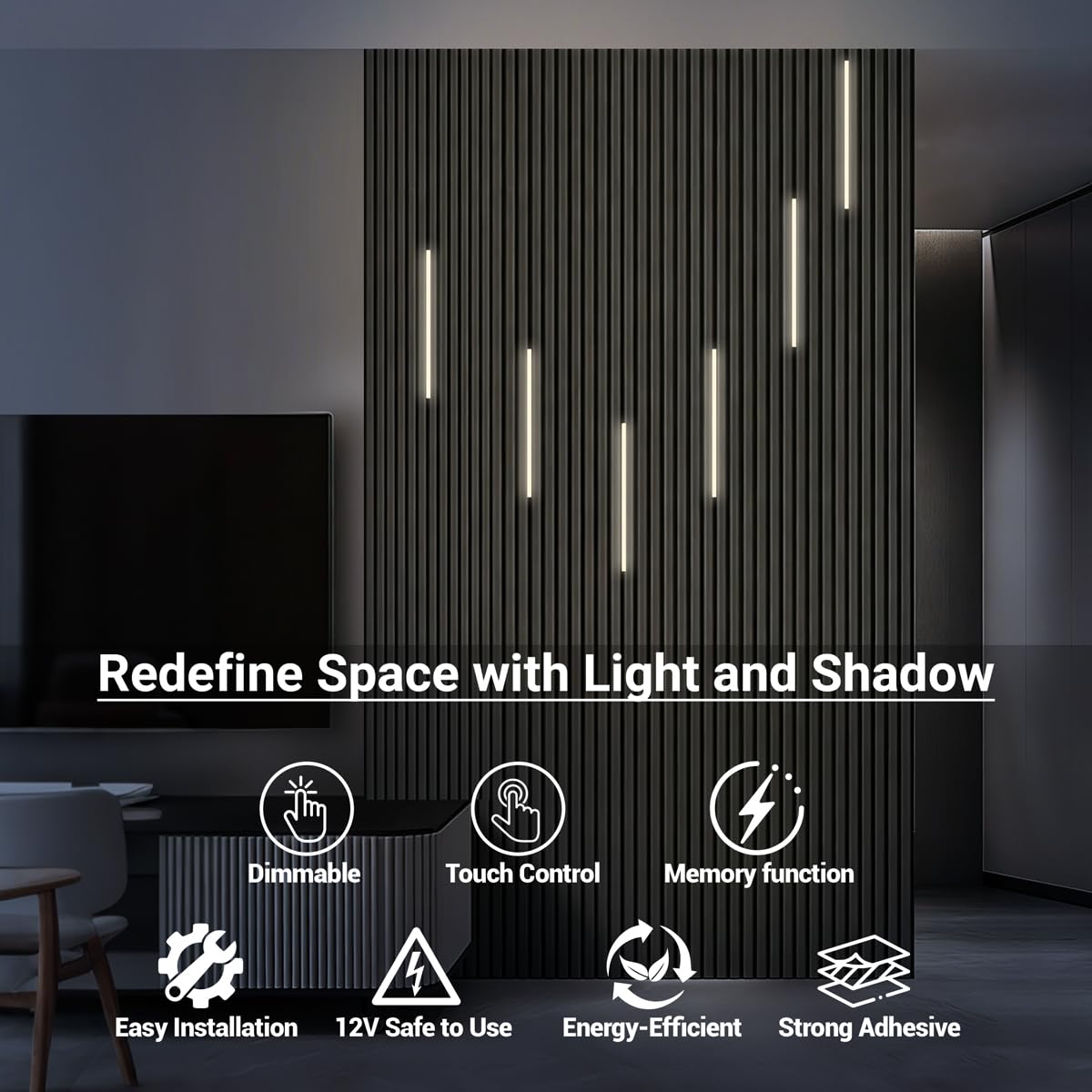 HAMRVL LED Recessed Lighting Wall Panel Lights - 6pcs 16-Inch 4000K Natural White Slat Wall Lights with Touch Switch, Self-Adhesive Dimmable LED Panel Light Strips for Acoustic Panels, Living Rooms