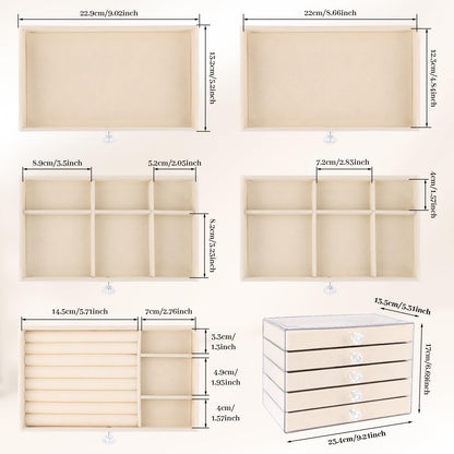 Hyber&Cara Luxury Acrylic Jewelry Box Organizer - 5 Drawers Velvet Lined Clear Stackable Storage for Earrings Necklaces Rings Bracelets Elegant Beige Dresser Top Vanity Display