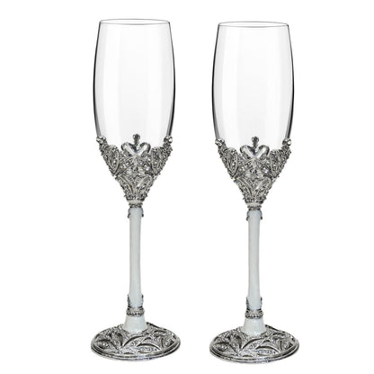 Jozen Gift Champagne Flutes -His and Hers,Wedding Toasting Glasses for Engagement Celebrations, Bridal Shower and Registry Idea, Tall Wine Glasses for Bride and Groom Gifts,7oz (Silver&white)