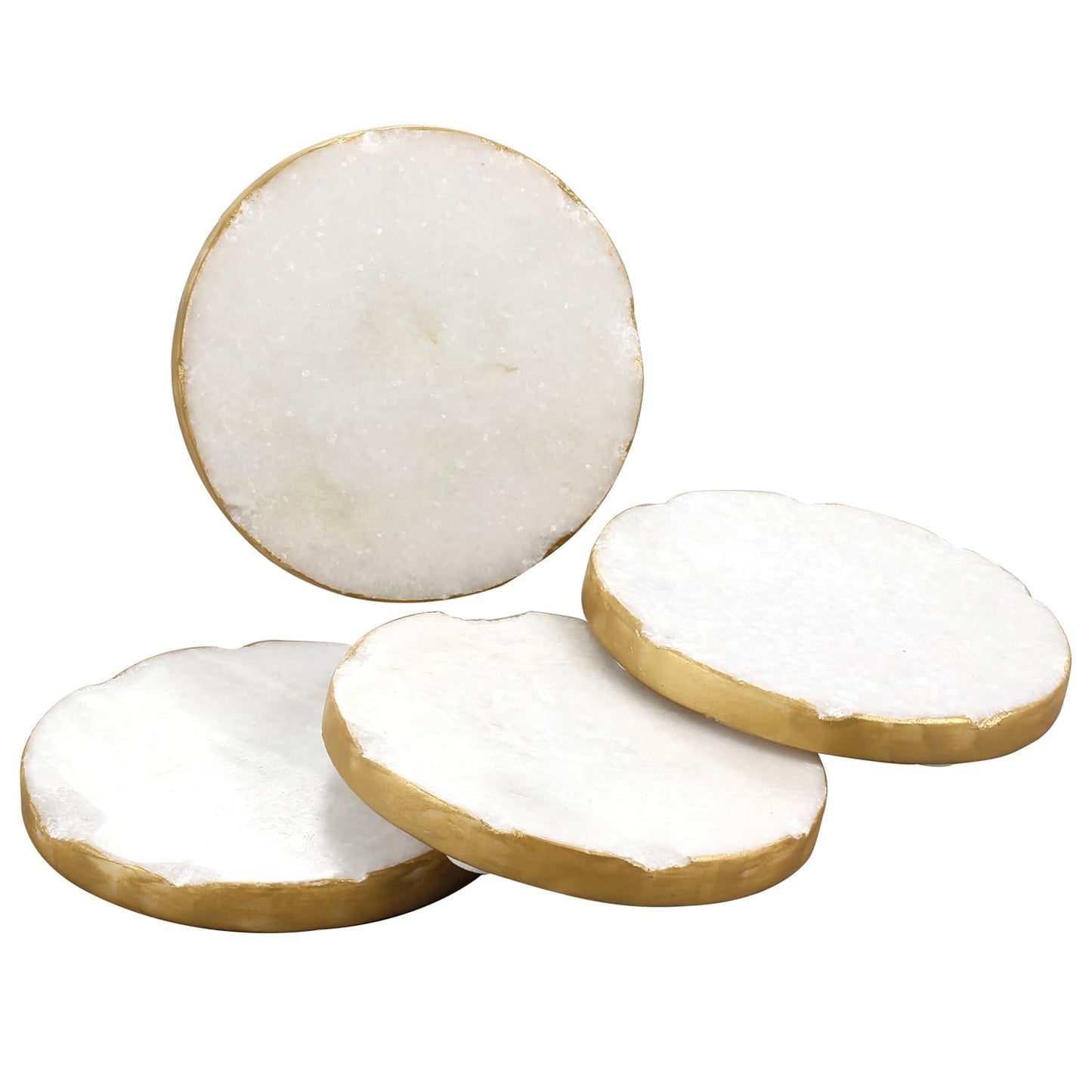 Thirstystone 4 Pack Round Natural White Marble Coasters w/ Gold Edges 4" Diameter Elegant, Luxurious, Stemware Safe