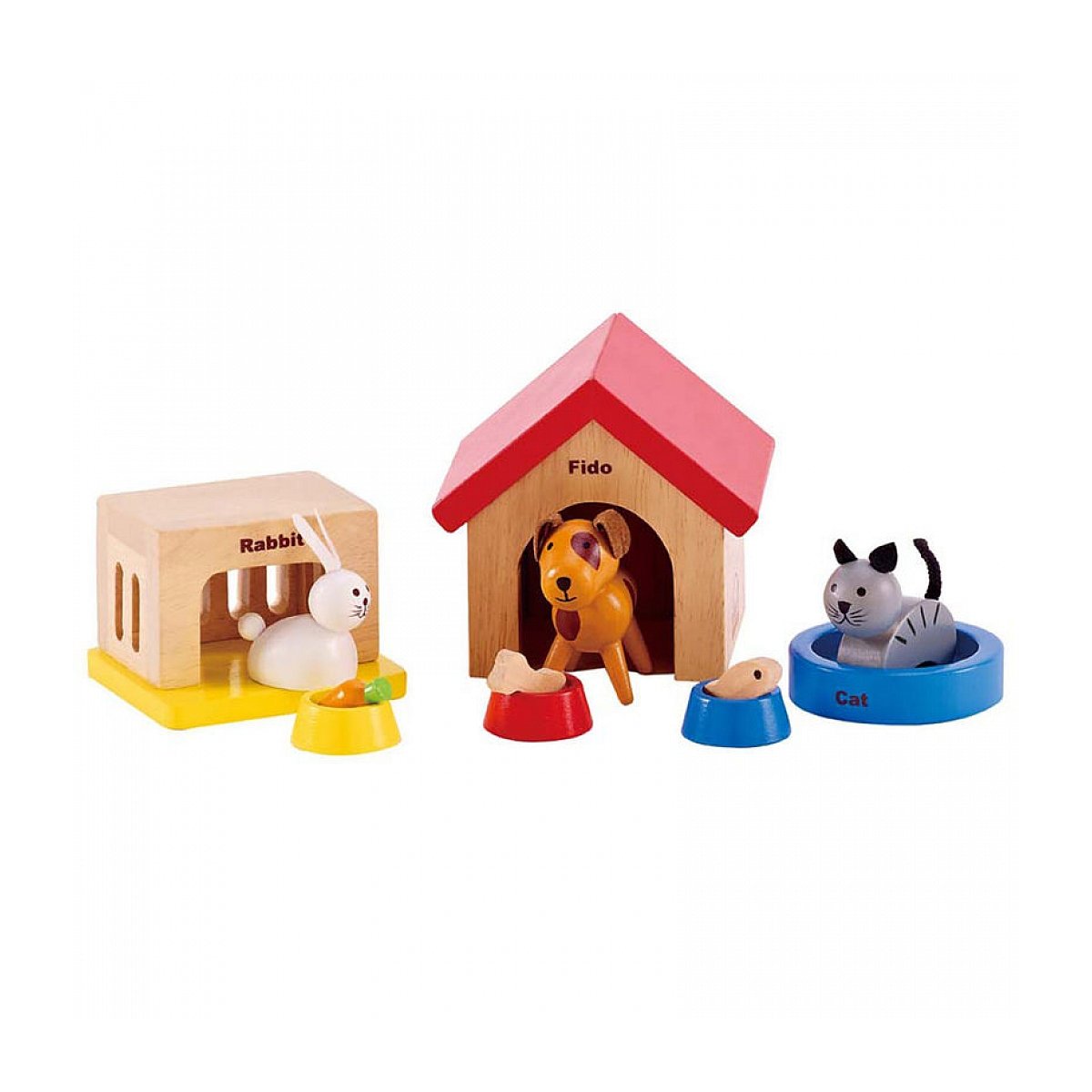 Hape Family Pets | Complete Your Wooden Dolls House with Happy Dog, Cat, Bunny Pet Set with Complimentary Houses and Food Bowls
