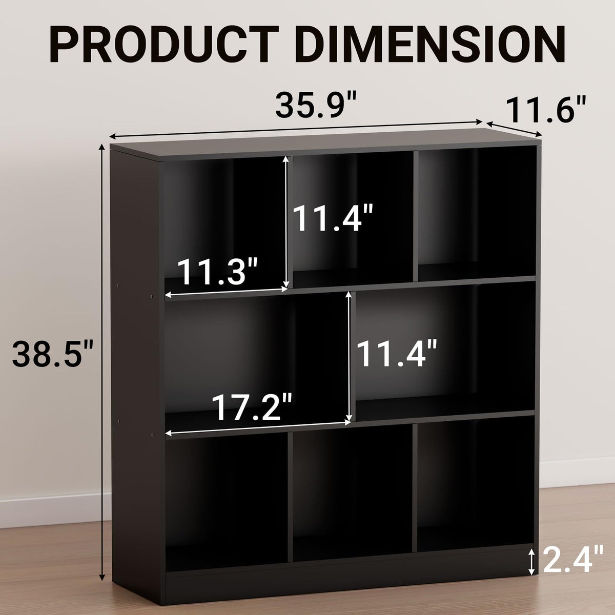 NewBeth Black Bookshelf, Wooden Bookshelf with Base, Cube Storage Organizer, Bookcase for Living Room,Bedroom,Study and Office (Black, 8-Cube)