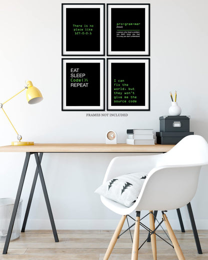Govivo Office Decor - Computer Science Art - Set of 4 Geek Wall Art - Fun Gift For ICT Teacher, Student, Coding Nerd, Computer Programmer, Dad - 11x14 unframed print
