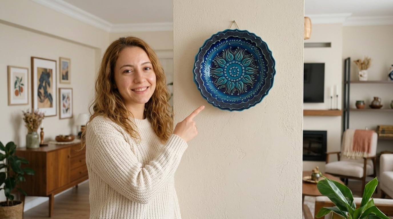 Ayennur Turkish Decorative Plate 9.85"(25cm) Handmade Ceramic Ornament for Home&Office Wall Hanging Decor (Blue)
