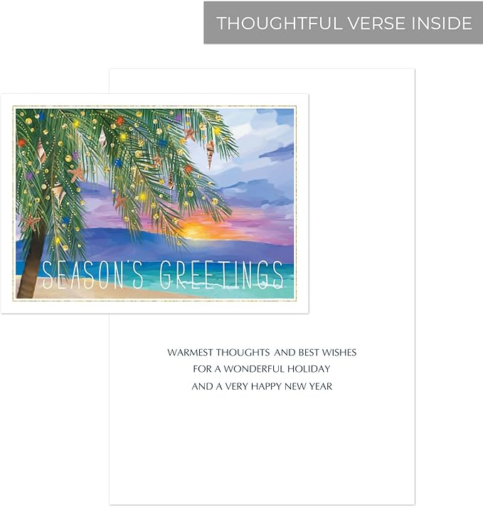 Canopy Street Masterpiece Tropical Sunset Cards / 16 Coastal Holiday Card Set With White Envelopes / 5 5/8" x 7 7/8" Warm Weather Palm Tree Vacation Greeting Cards With Meaningful Inside Verse