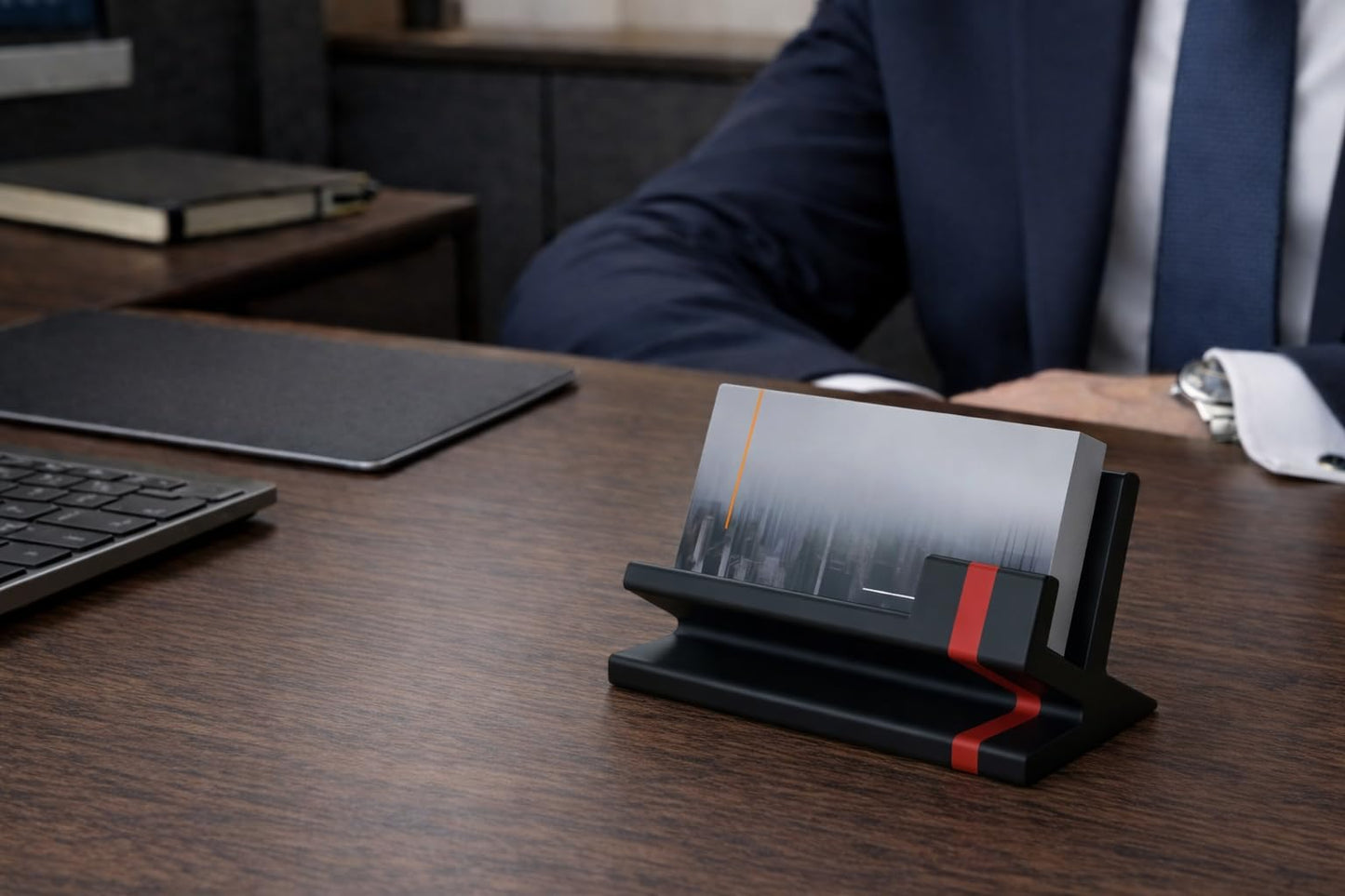 Business Card Holder for Desk – Modern Red & Black Card Display, Stylish Office Desk Accessory for Men & Women