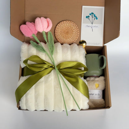 Self Care Gift Basket for Women – 8-Piece Thoughtful Present for Birthdays, Mother's Day, Graduation, Recovery, Mental Wellness, Knit Tulip Gift Throw Blanket,Self Love Box,Happy Birthday Gifts