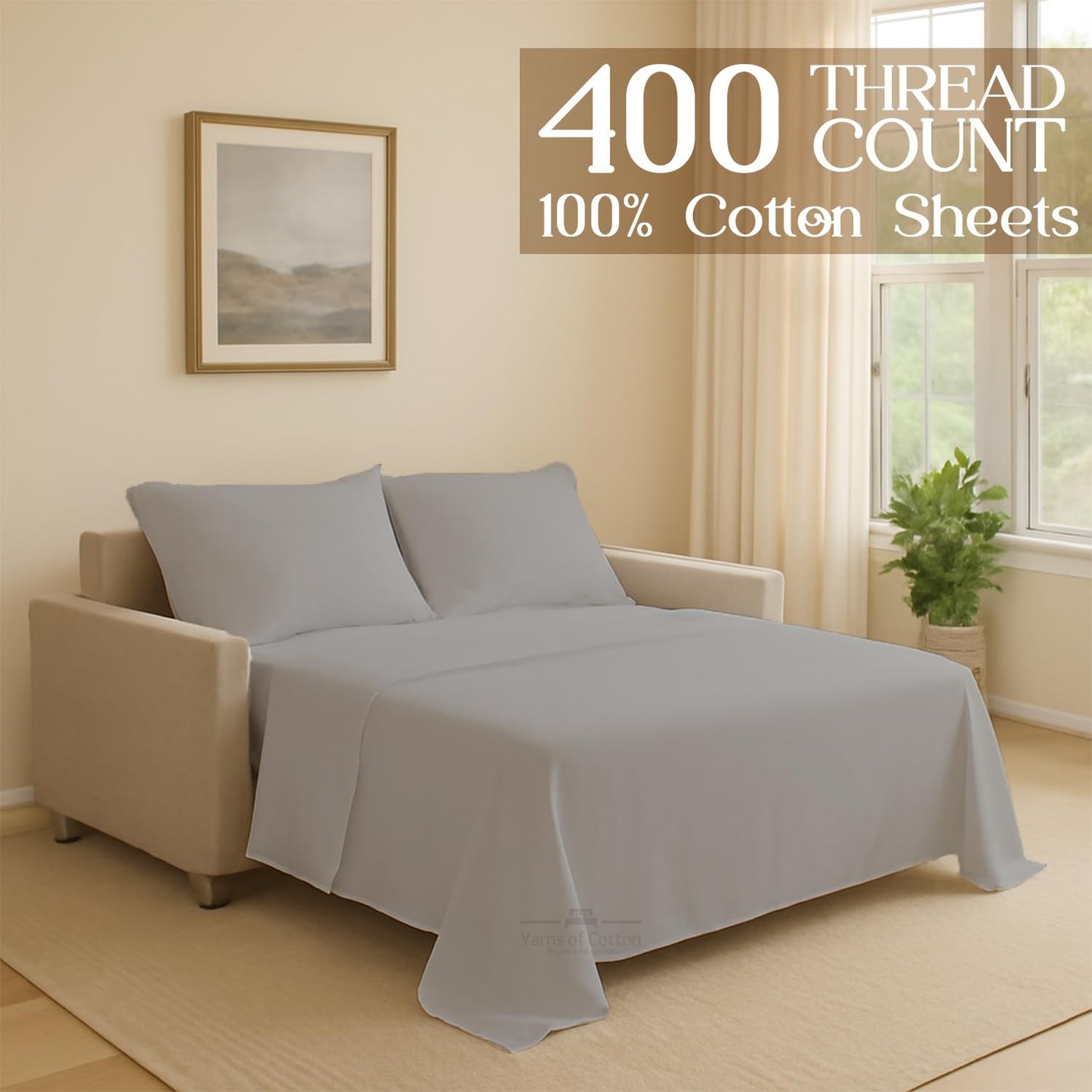 Sleeper Sofa Bed Sheet, 100% Cotton 400 Thread Count, 4 Piece Set, Deep Pocket Fitted Sheet, Soft Wrinkle Free & Breathable, Luxury Hotel Quality, Fits Up to 6 Inch Mattress (Full, Light Grey)