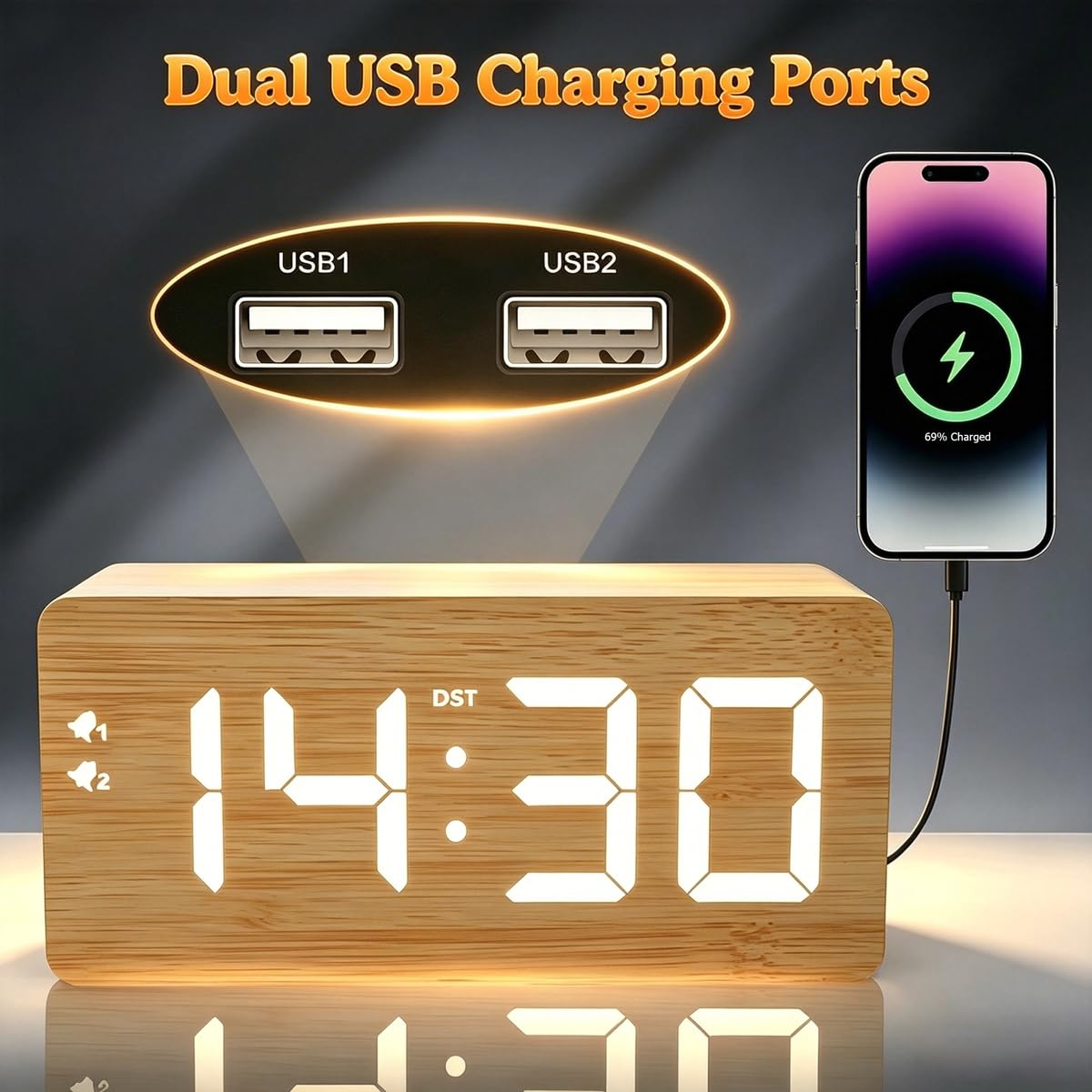 URAYCO Wood Digital Alarm Clock with 10W Fast Wireless Charger, USB Charging Ports, DST, Dimmable, Snooze, Large Number LED Display for Bedrooms, Desk, Living Room Table, Bedside, Nightstand (Bamboo)