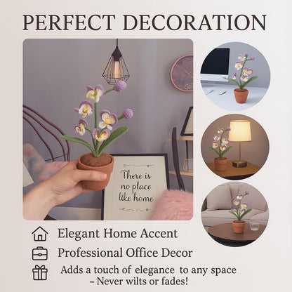 beausougon Handmade Crochet Orchid Potted Plants, Knitted Artificial Forever Flowers with Exquisite Pot, for Friends, Women, and Kids, Ideal for Home Decorations and Office Desks