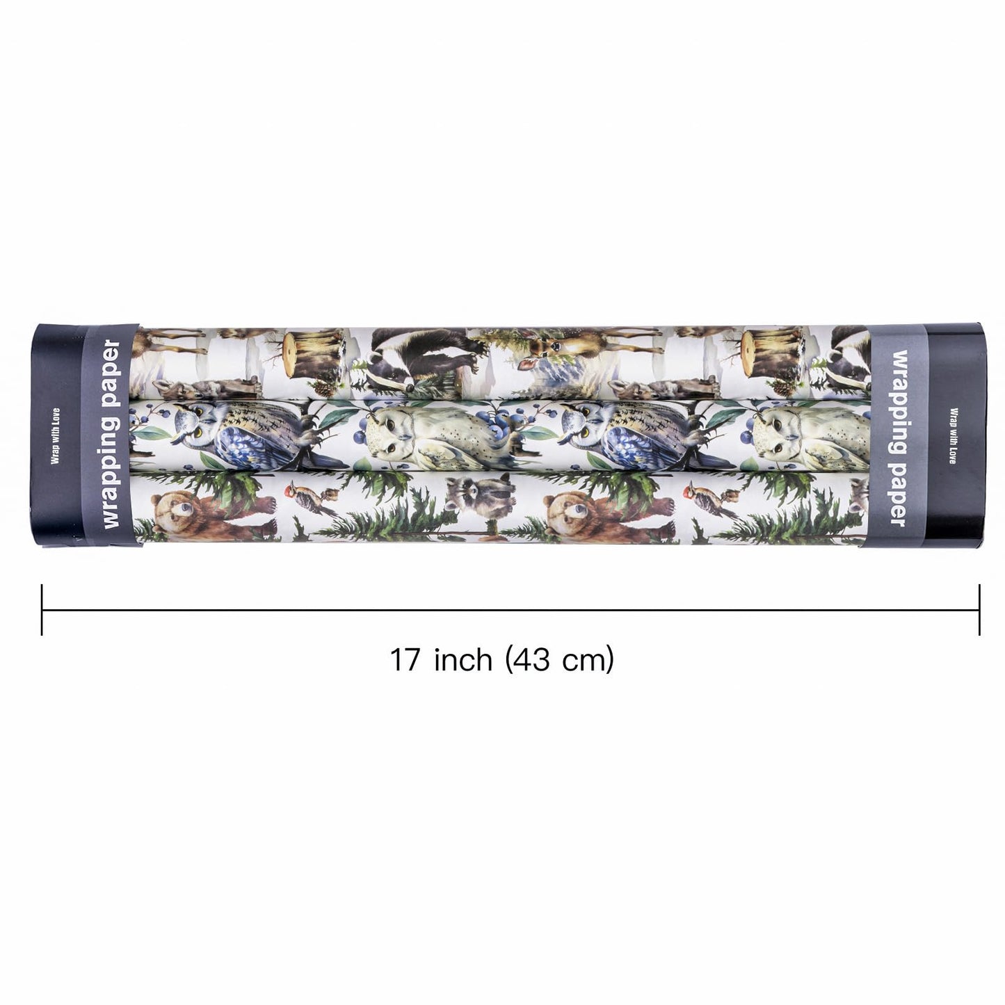 WRAPAHOLIC Kraft Christmas Wrapping Paper Roll - Mini Roll - 3 Rolls - 17 Inch x 120 Inch Per Roll - White Wild Animals Winterfall Watercolor Holiday Collection