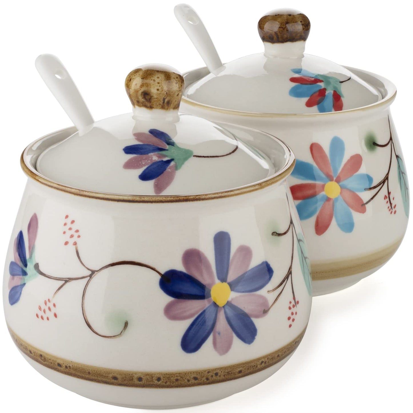 Evannt Porcelain Sugar Bowl Set of 2 Porcelain Sugar Jar with Lid and Spoon Sugar Canister Storage Container for Sugar Salt Spice Pepper Condiment (Style 2)