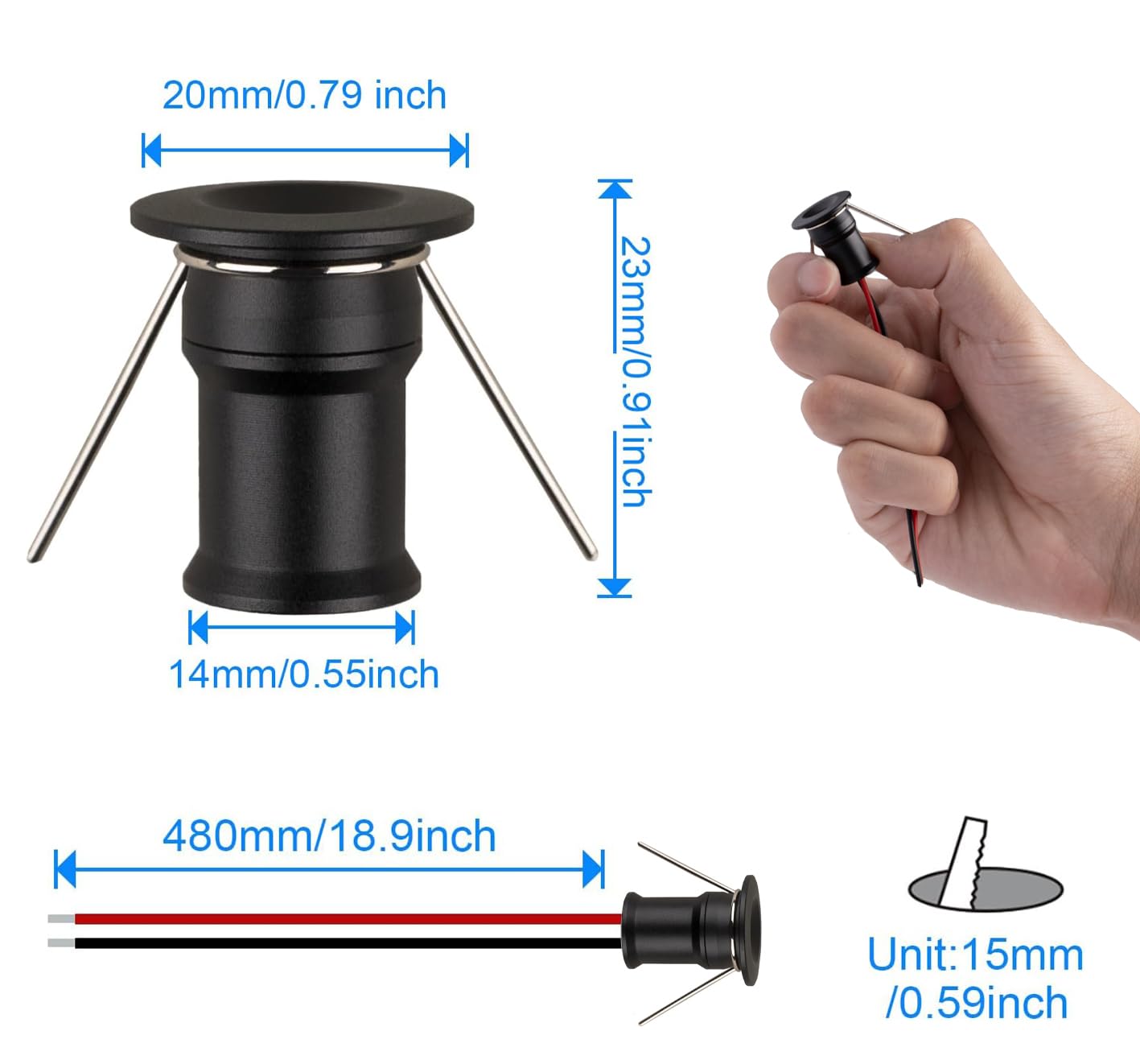 HHTUN 902 120°LED mini Spotlight,DC12V 1W,80Ra,75lm,Small Size,Embedded Installation,Suitable for Cabinet Lighting Such as Wine cabinets,Shoe cabinets,etc.,with Power Supply(3000K,Black,9Pack)